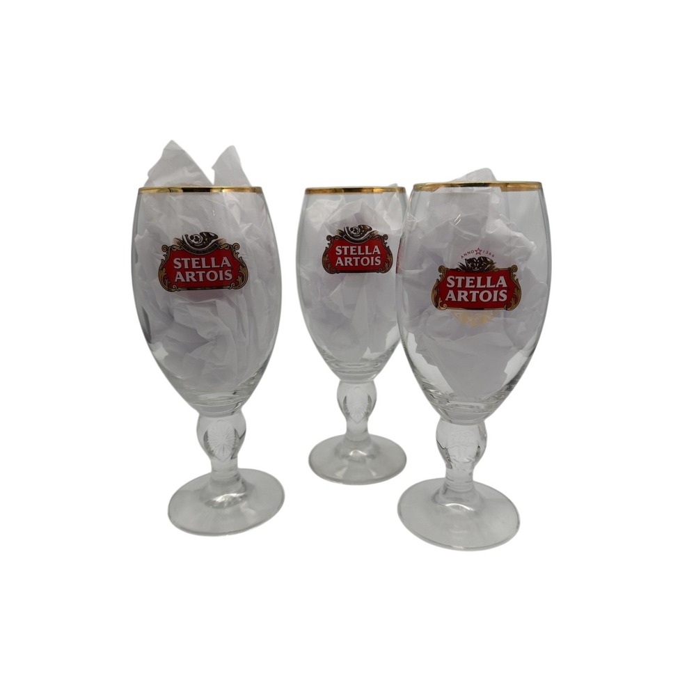 Stella Artois 8" Beer‎ Glasses Set of 3 Gold Rim Stemware Chalice
